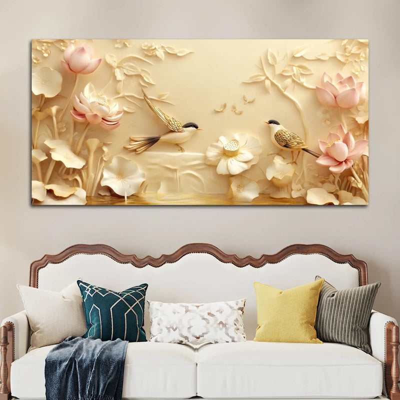Serene Lotus Garden with Twin Songbirds 3D Canvas Wall Painting