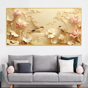 Serene Lotus Garden with Twin Songbirds 3D Canvas Wall Painting