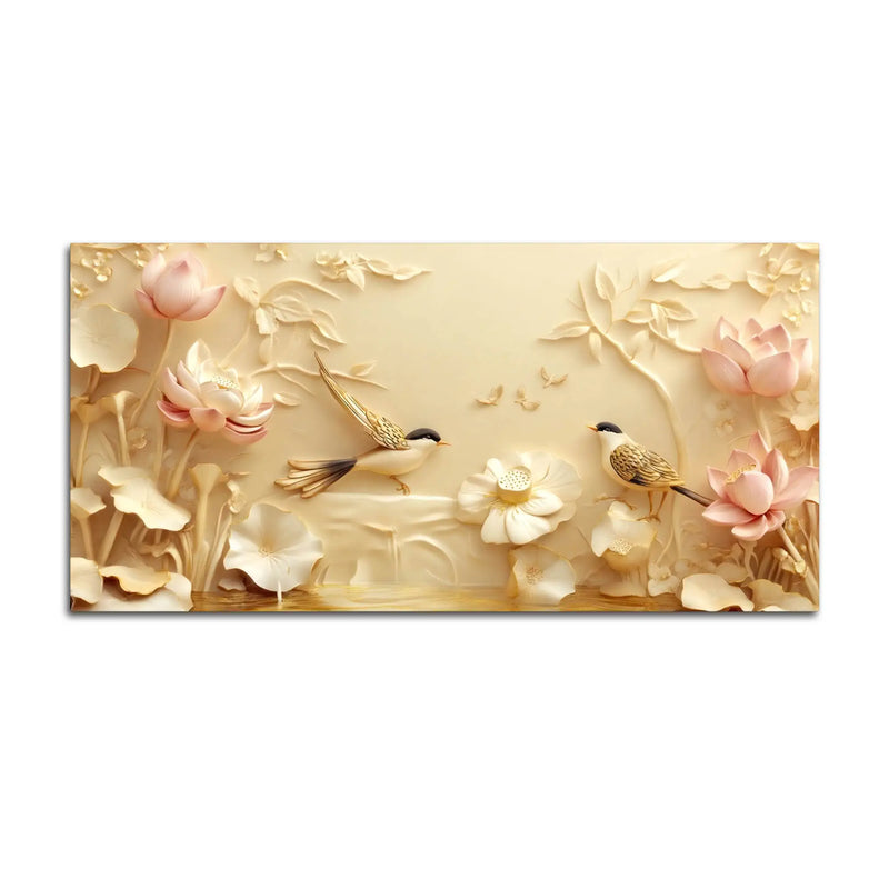 Serene Lotus Garden with Twin Songbirds 3D Canvas Wall Painting