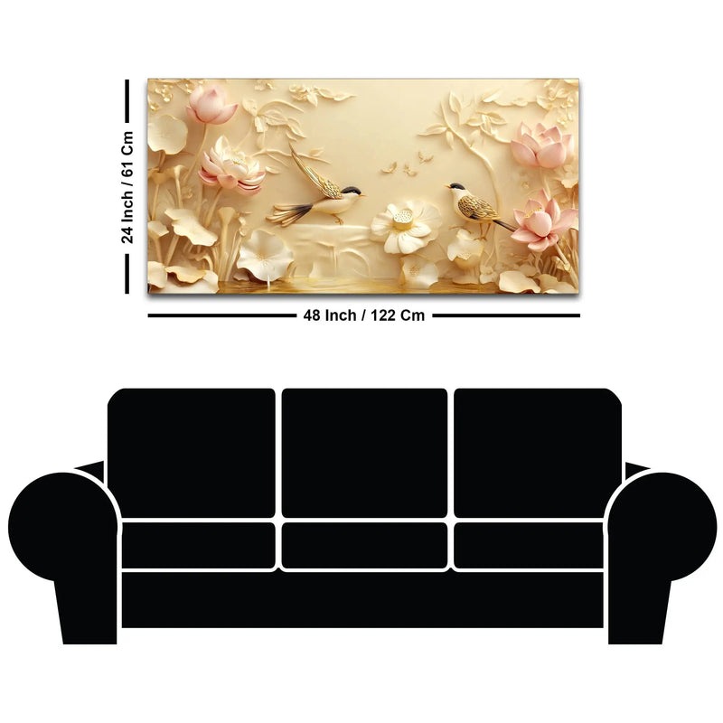 Serene Lotus Garden with Twin Songbirds 3D Canvas Wall Painting