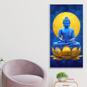 Serene Meditating Buddha on Golden Lotus Flower Canvas Wall Painting
