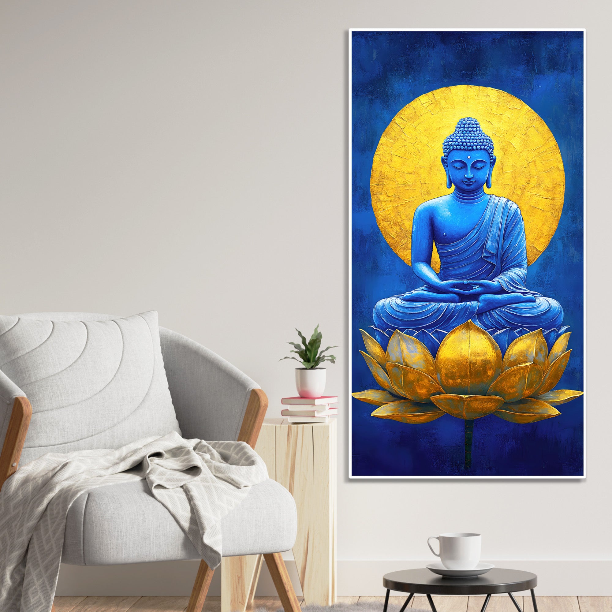 Serene Meditating Buddha on Golden Lotus Flower Canvas Wall Painting