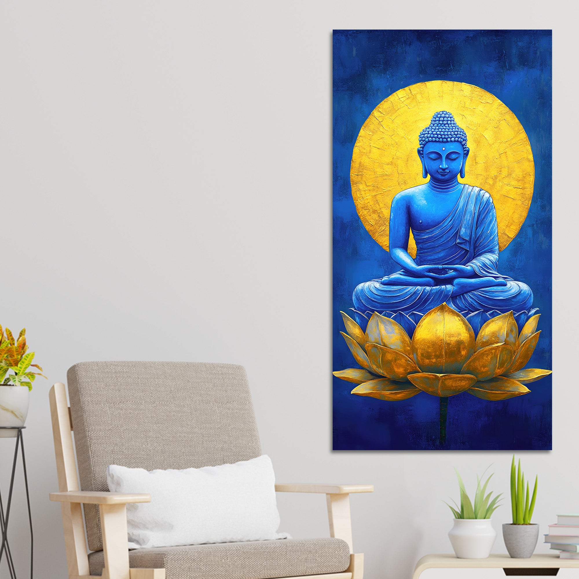 Serene Meditating Buddha on Golden Lotus Flower Canvas Wall Painting