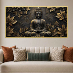 Serene Meditating Buddha with Golden Leaves Metallic Look 3D Canvas Wall Painting