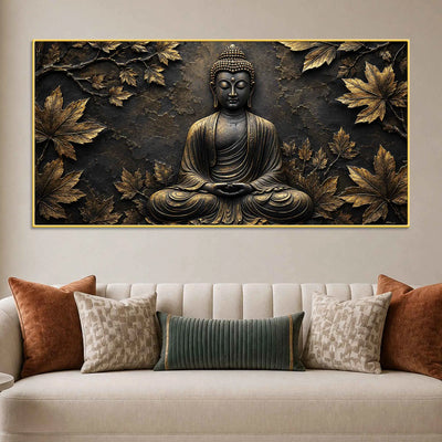 Serene Meditating Buddha with Golden Leaves Metallic Look 3D Canvas Wall Painting