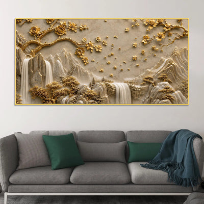Serene Mountain Waterfalls & Golden Blossom Tree 3D Canvas Wall Painting