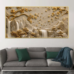 Serene Mountain Waterfalls & Golden Blossom Tree 3D Canvas Wall Painting
