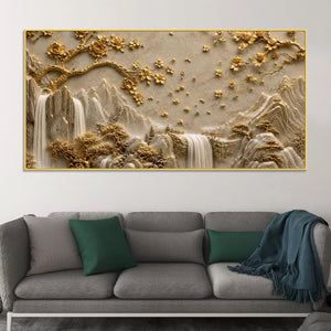 Serene Mountain Waterfalls & Golden Blossom Tree 3D Canvas Wall Painting