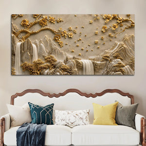 Serene Mountain Waterfalls & Golden Blossom Tree 3D Canvas Wall Painting