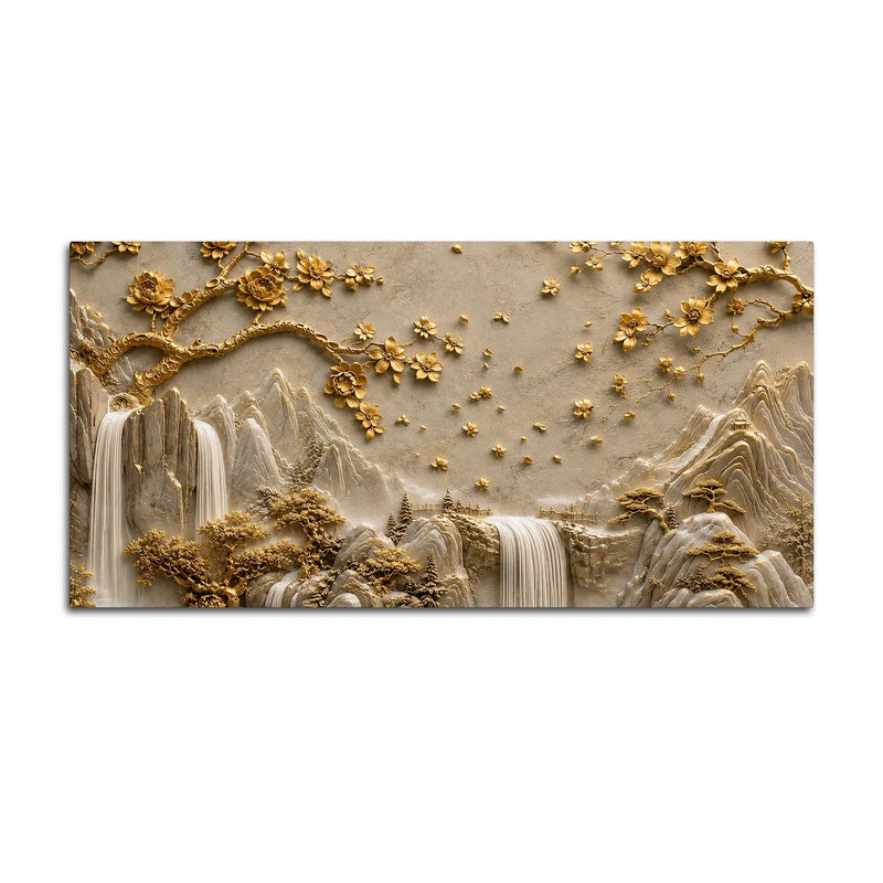 Serene Mountain Waterfalls & Golden Blossom Tree 3D Canvas Wall Painting