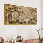 Serene Mountain Waterfalls & Golden Blossom Tree 3D Canvas Wall Painting