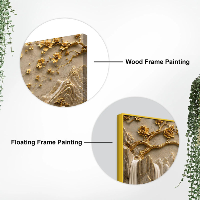 Serene Mountain Waterfalls & Golden Blossom Tree 3D Canvas Wall Painting