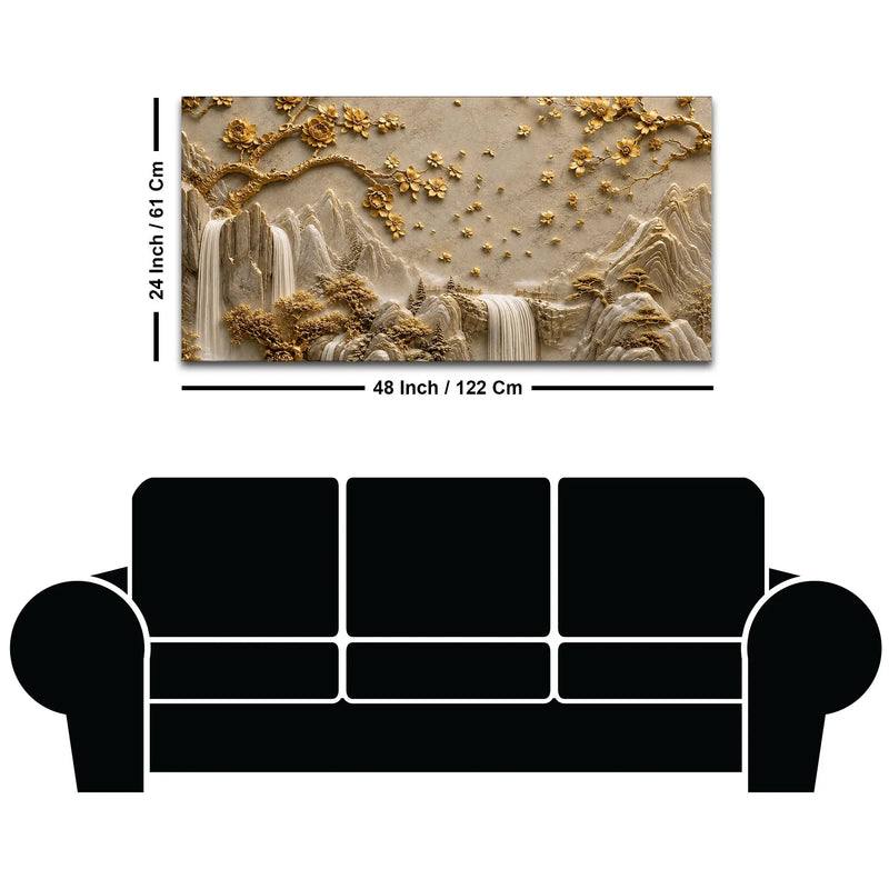 Serene Mountain Waterfalls & Golden Blossom Tree 3D Canvas Wall Painting