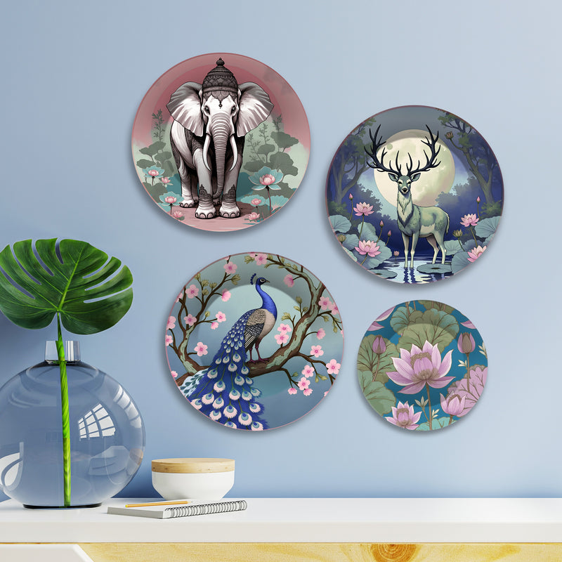 Serene Safari Artistic Wildlife Premium Wall Plates Painting Set of Four