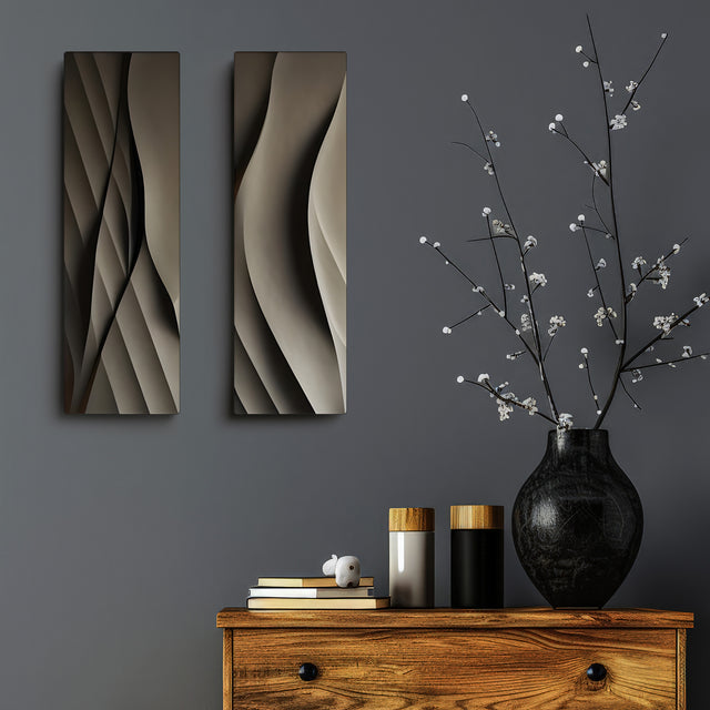 Set of Two Vertical 3D Wall Art Panels with Wave Design