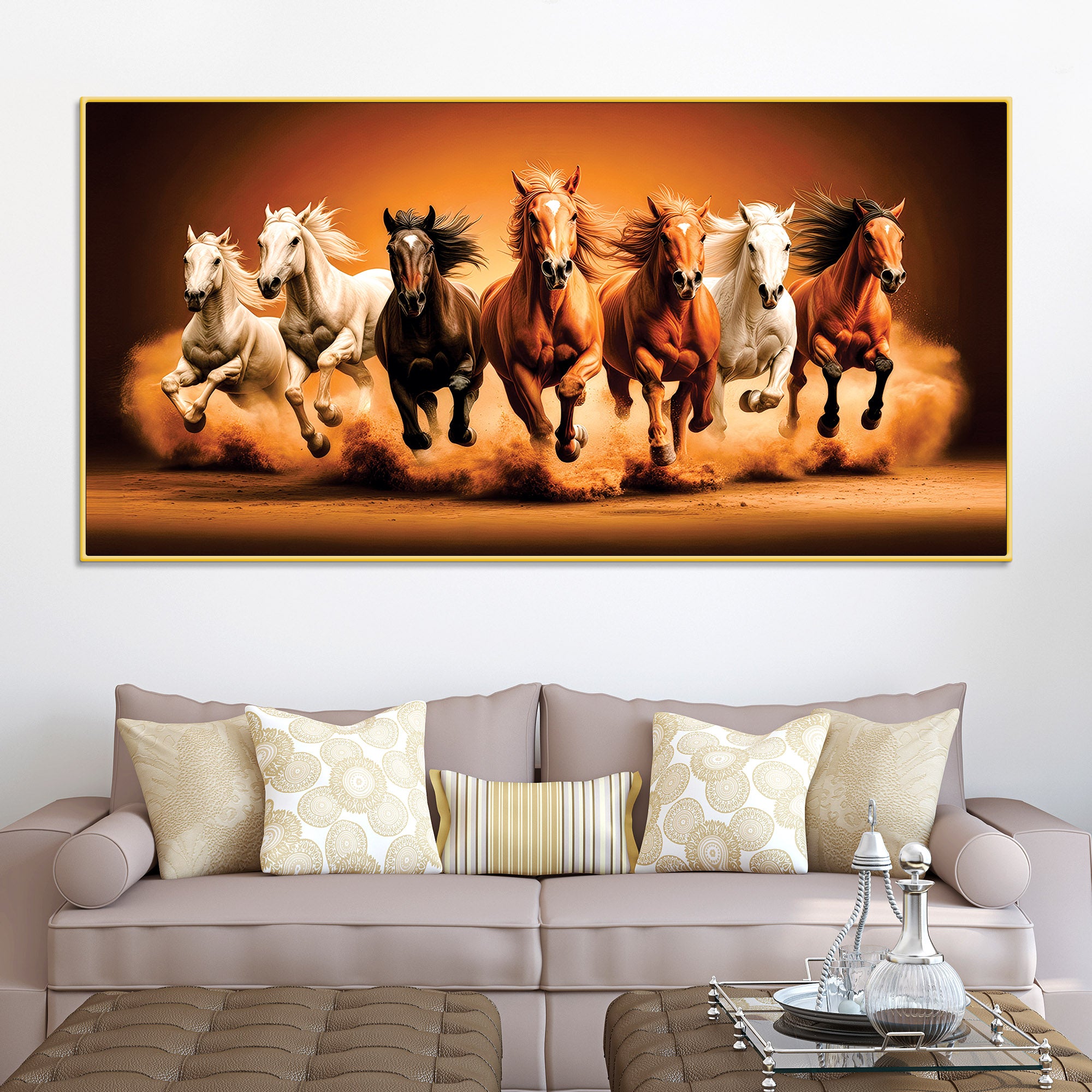 Seven Furious Horses Running at Dawn Canvas Wall Painting