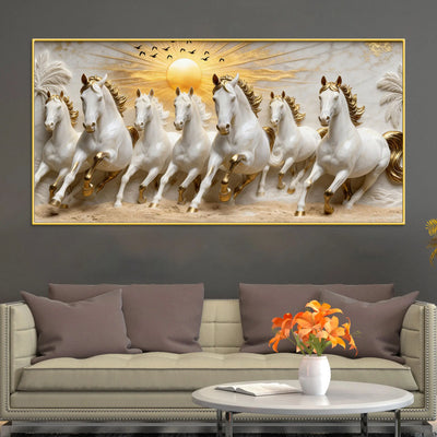Seven Galloping White Horses Under Golden Sunrise 3D Canvas Wall Painting