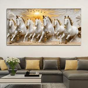 Seven Galloping White Horses Under Golden Sunrise 3D Canvas Wall Painting