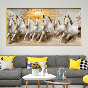 Seven Galloping White Horses Under Golden Sunrise 3D Canvas Wall Painting