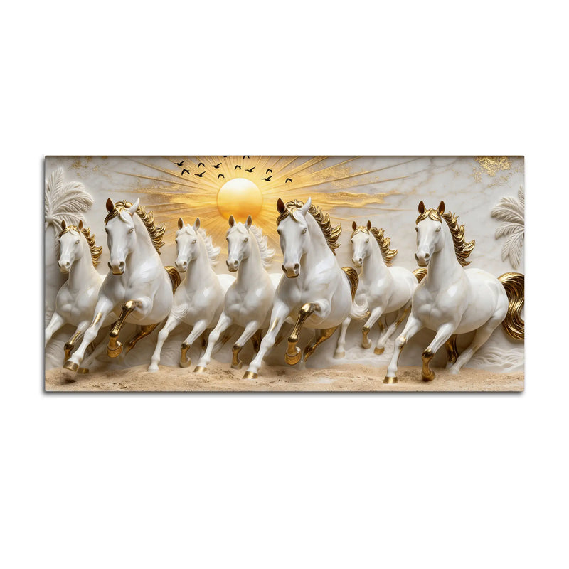 Seven Galloping White Horses Under Golden Sunrise 3D Canvas Wall Painting