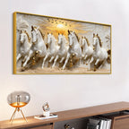 Seven Galloping White Horses Under Golden Sunrise 3D Canvas Wall Painting