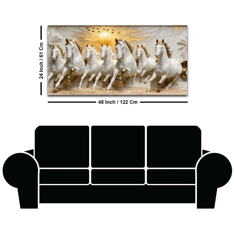 Seven Galloping White Horses Under Golden Sunrise 3D Canvas Wall Painting