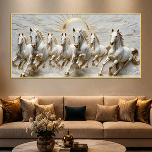 Seven Galloping White Horses with Rising Sun 3D Canvas Wall Painting