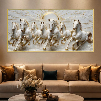 Seven Galloping White Horses with Rising Sun 3D Canvas Wall Painting