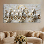 Seven Galloping White Horses with Rising Sun 3D Canvas Wall Painting