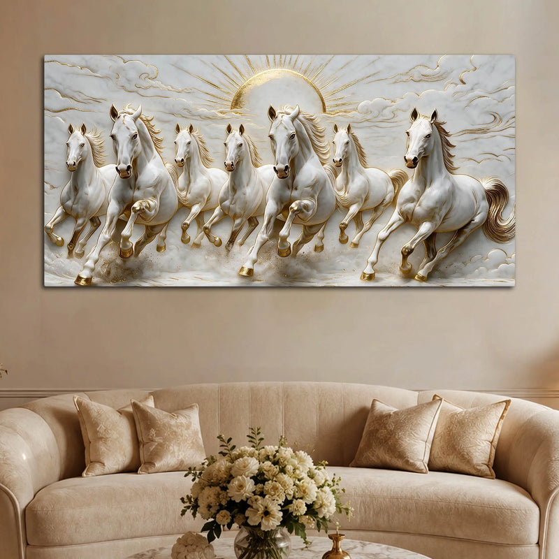 Seven Galloping White Horses with Rising Sun 3D Canvas Wall Painting