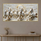 Seven Galloping White Horses with Rising Sun 3D Canvas Wall Painting