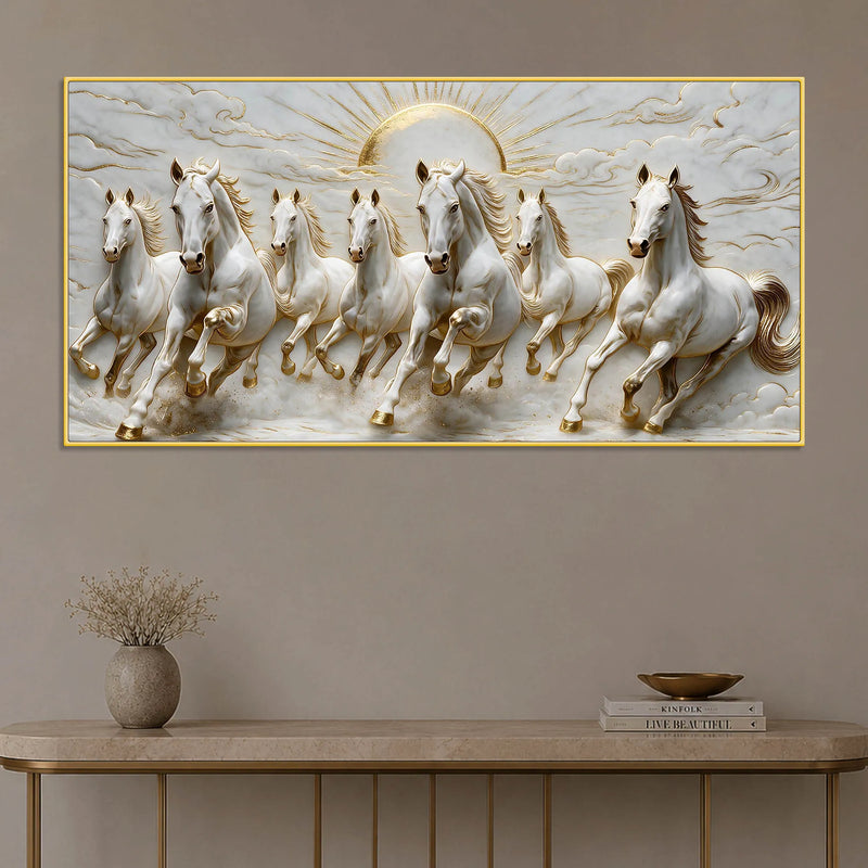 Seven Galloping White Horses with Rising Sun 3D Canvas Wall Painting