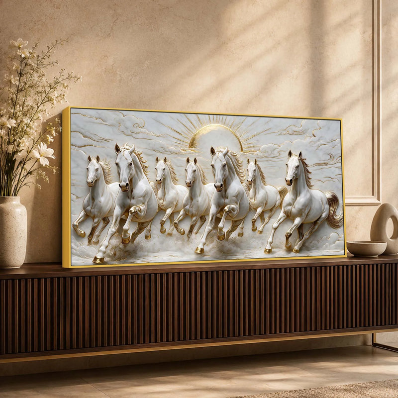 Seven Galloping White Horses with Rising Sun 3D Canvas Wall Painting