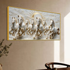 Seven Galloping White Horses with Rising Sun 3D Canvas Wall Painting