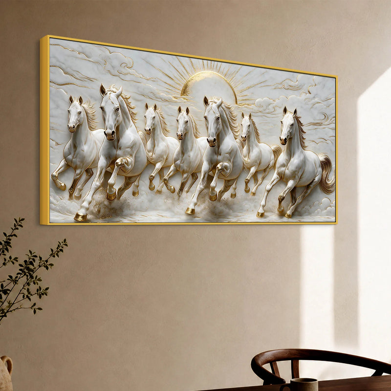 Seven Galloping White Horses with Rising Sun 3D Canvas Wall Painting