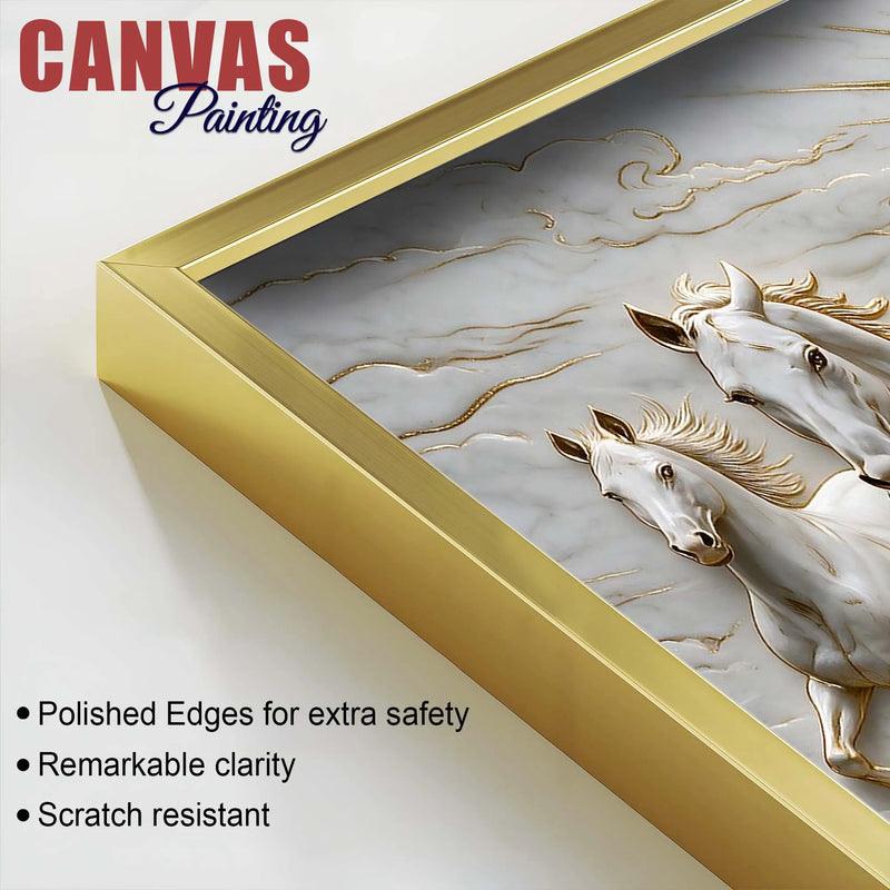 Seven Galloping White Horses with Rising Sun 3D Canvas Wall Painting