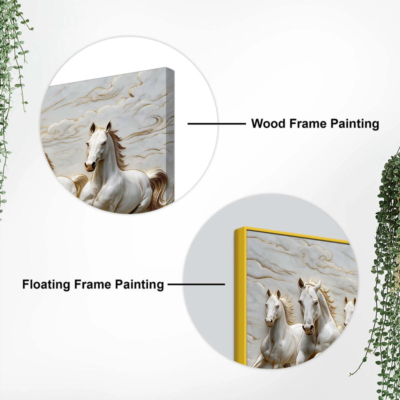 Seven Galloping White Horses with Rising Sun 3D Canvas Wall Painting