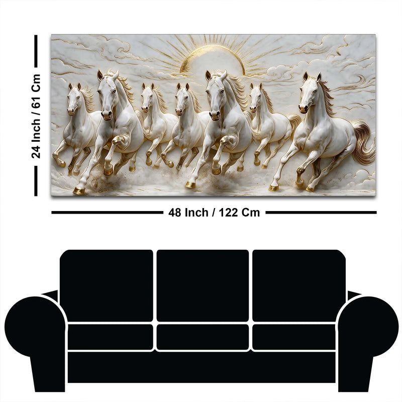 Seven Galloping White Horses with Rising Sun 3D Canvas Wall Painting