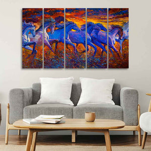 Seven Horse Running in Field Five Pieces Canvas wall Painting