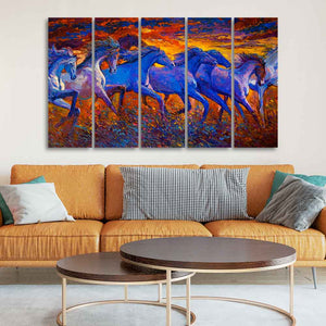 Seven Horse Running in Field Five Pieces Canvas wall Painting