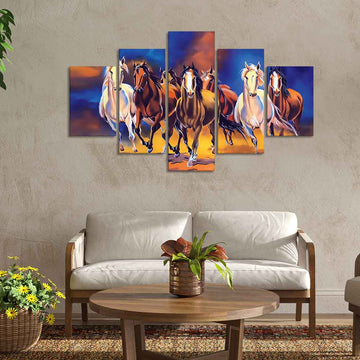 Seven Horses Five Pieces Premium Canvas Wall Painting