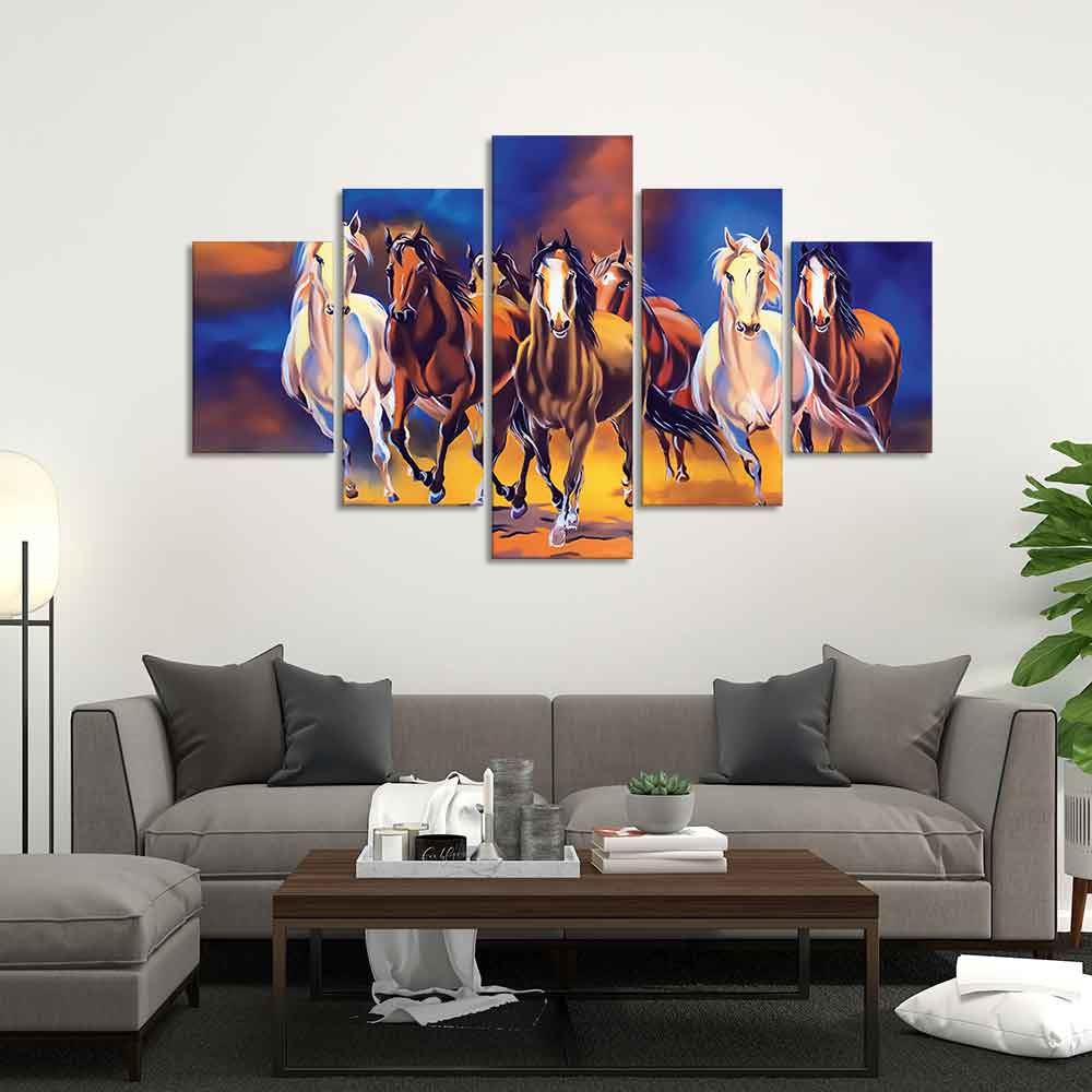 Seven Horses Five Pieces Premium Canvas Wall Painting