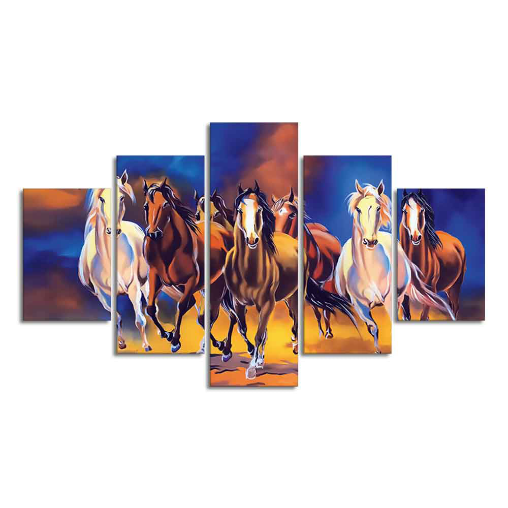 Seven Horses Five Pieces Premium Canvas Wall Painting