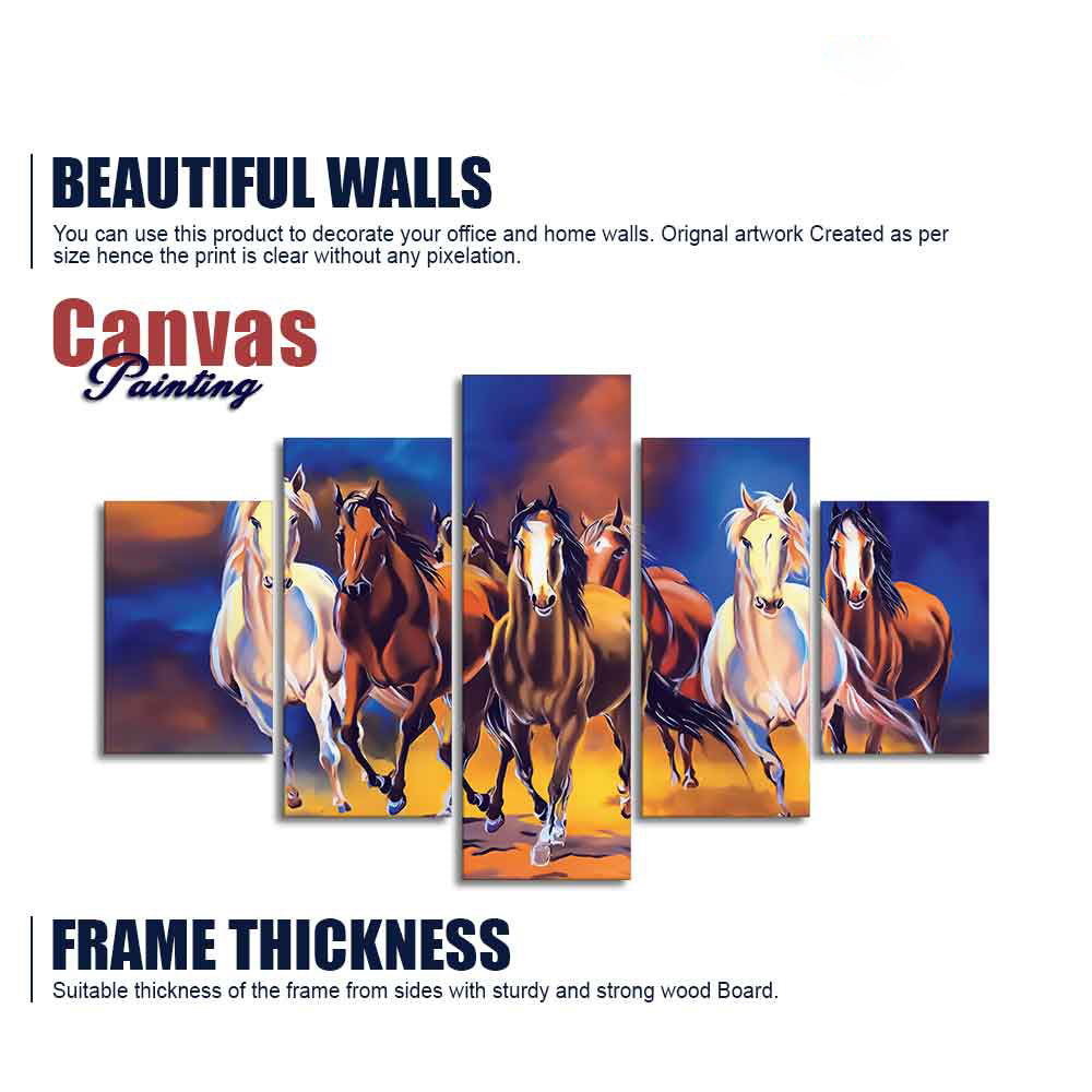 Seven Horses Five Pieces Premium Canvas Wall Painting