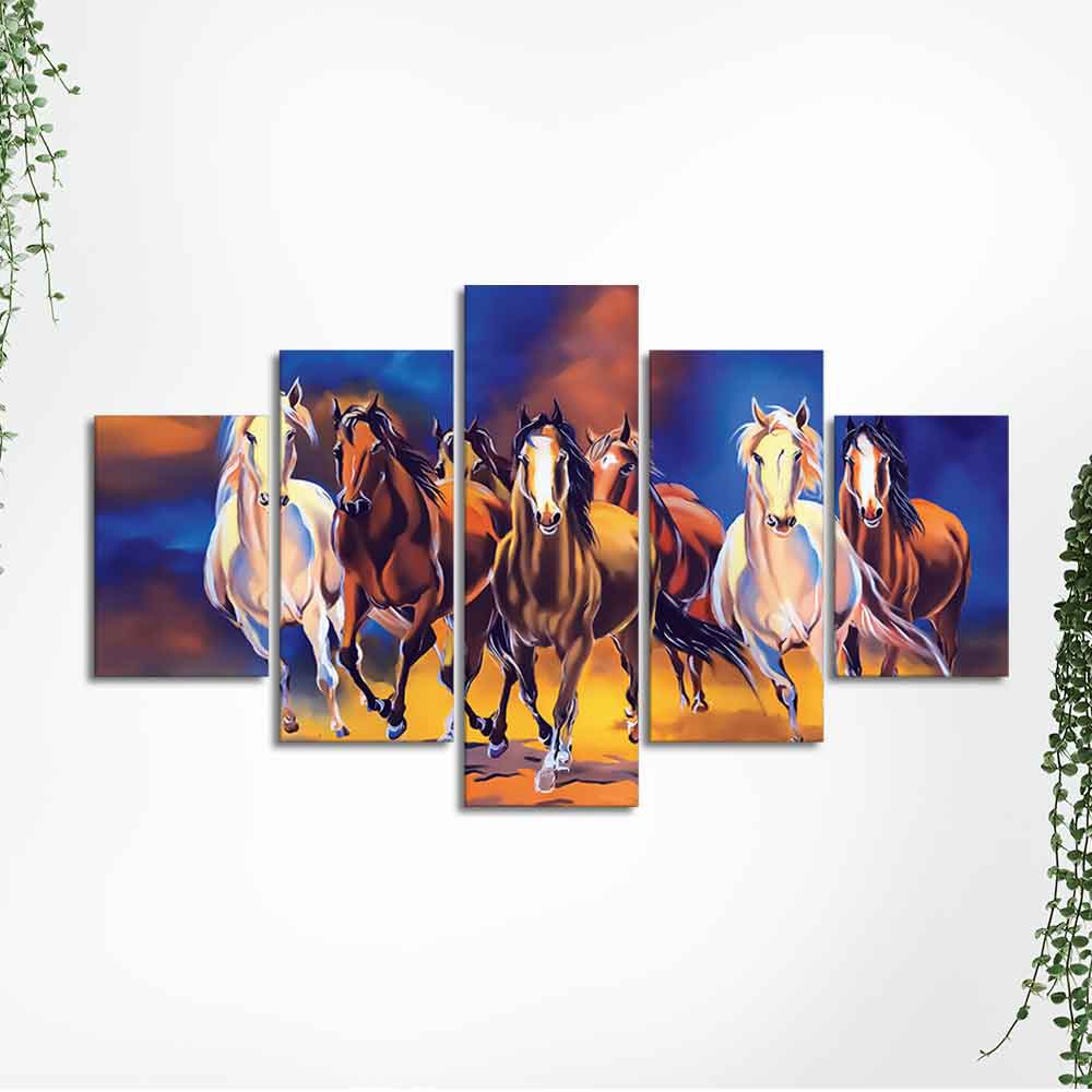 Seven Horses Five Pieces Premium Canvas Wall Painting