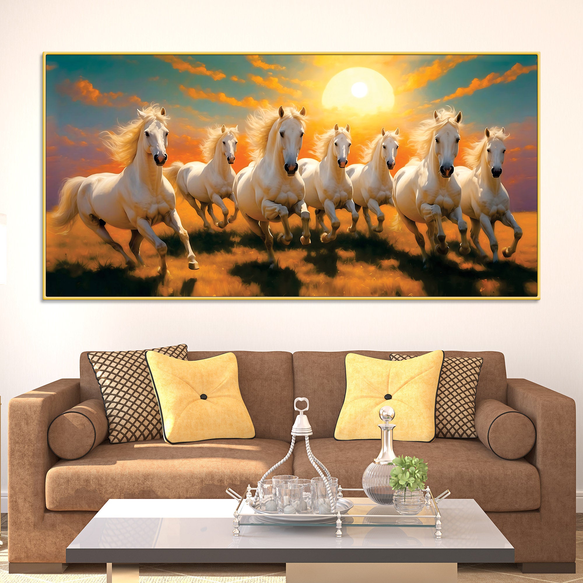 Seven Horses Running at Dawn Premium Canvas Wall Painting