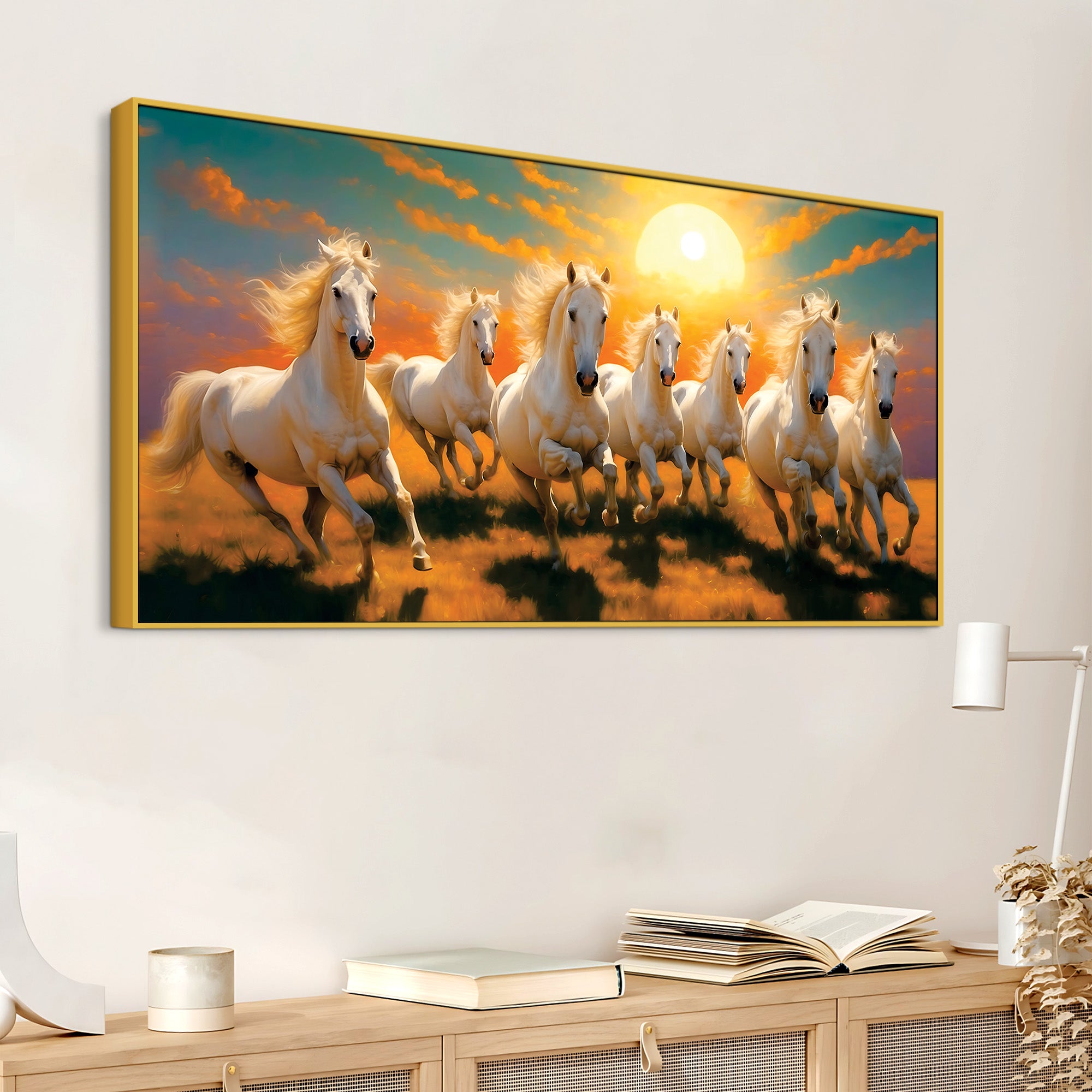 Seven Horses Running at Dawn Premium Canvas Wall Painting