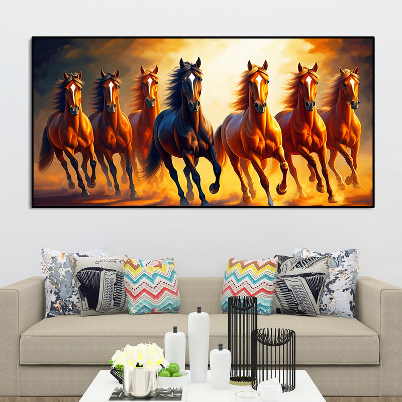Seven Horses Running at Sunset Wooden Canvas Wall Painting