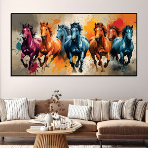 Seven Horses Running colorful Watercolor Art Canvas Wall Painting