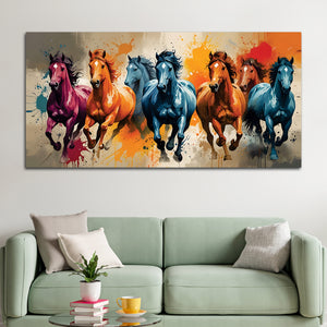 Seven Horses Running colorful Watercolor Art Canvas Wall Painting